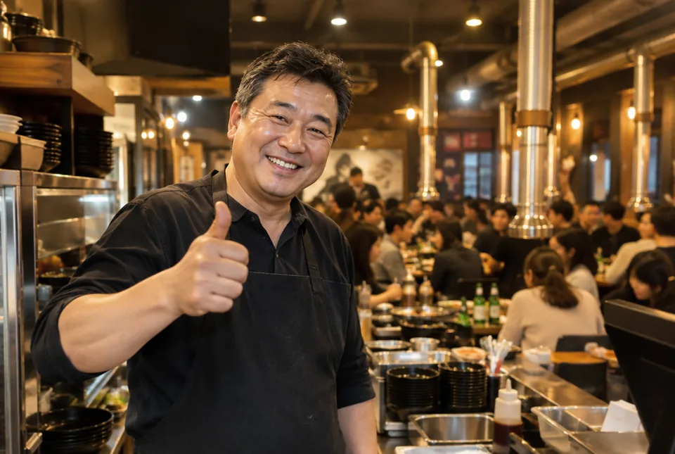 손님이 가득한 고깃집에서 엄지를 든 사장님